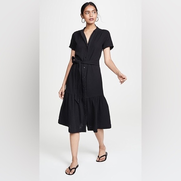 AYR Dresses & Skirts - AYR The Kite Midi Dress Cotton Gauze Button Front Pom Pom Tiered Blk PLEASE READ